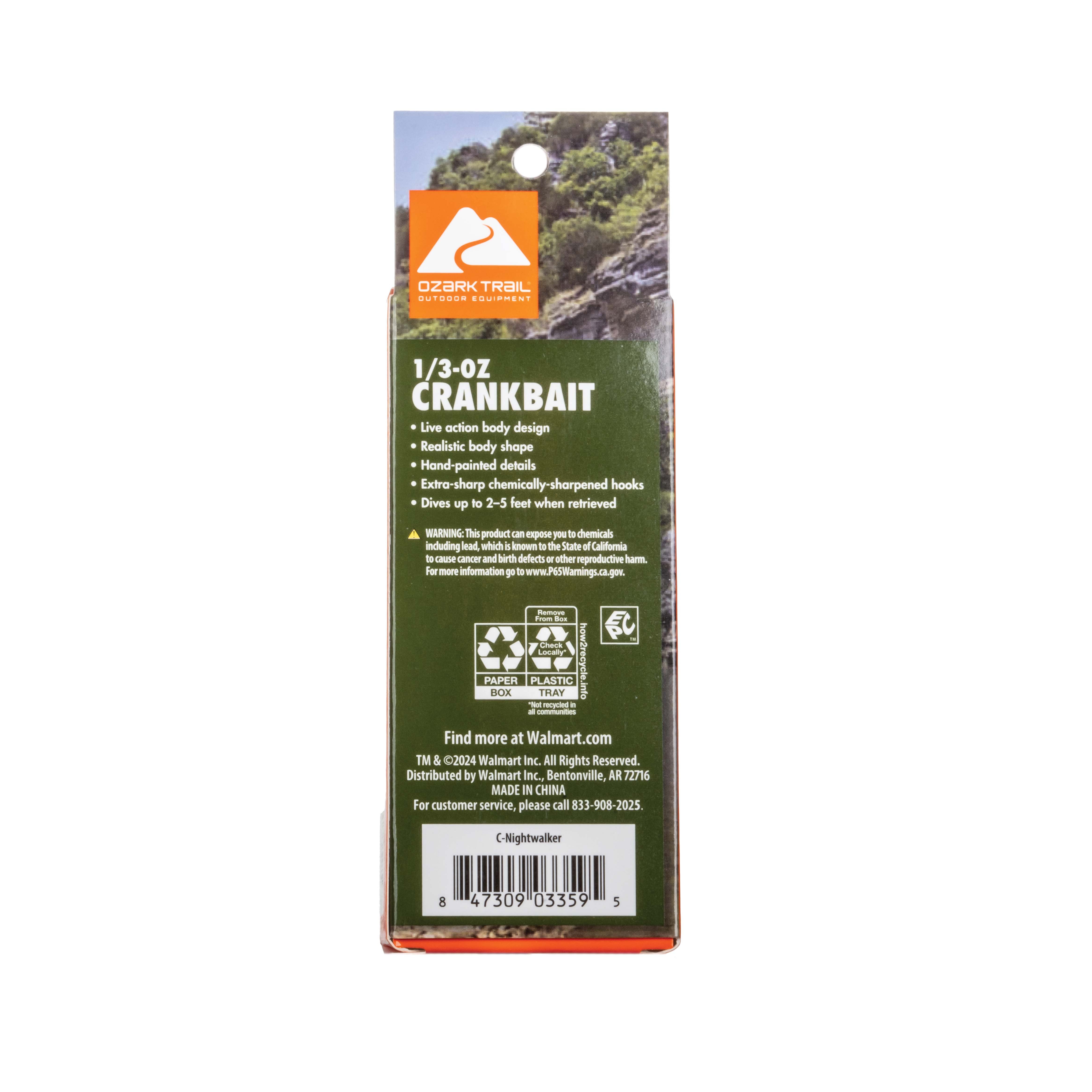 (3 pack) Ozark Trail 1/3 oz Bass Fishing Square Bill Crankbait, Nightwalker