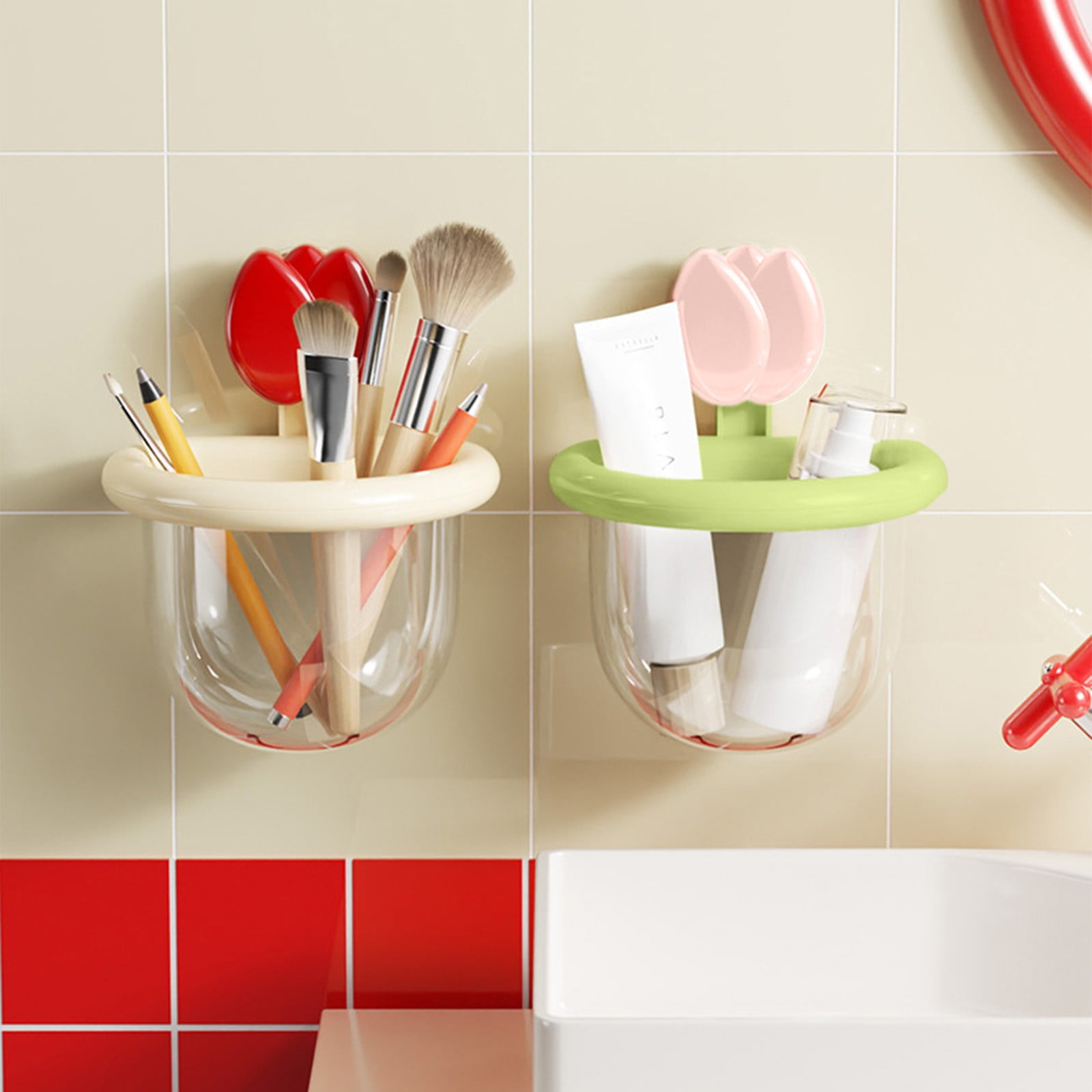Pink Suction Cup Storage Cup With Flower Shape And Green Ring For Bathroom Kitchen Wall Mount No Tools Installation With Drain Holes