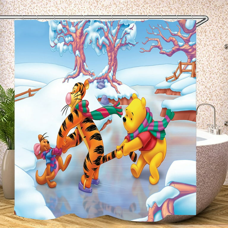 Shower Curtain L-180*180cm Winnie the Pooh Bathroom Decor Winnie the Pooh  Aesthetic Modern Fabric Waterproof Shower Curtain Set with Hook 