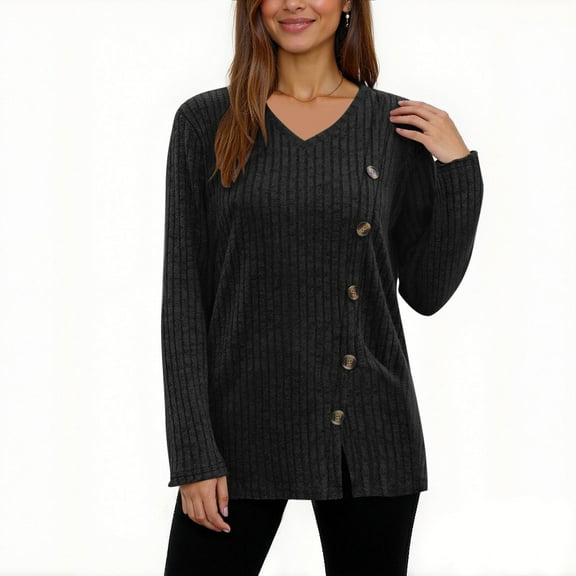 CQONEPT Sweaters for Women V Neck Button Long Sleeve Blouse Ribbed Side Slit Fashion Pullover Lounge Winter Shirts Black XXL