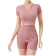 thumbnail image 5 of Lovskoo Workout Sets for Women 2 Piece Outfits Solid Color Short Sleeve Gym Shorts High Waisted Shorts Sports Bra Gym Sets Pink, 5 of 5