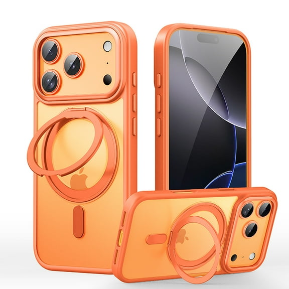 Luxury Clear for iPhone 17 Pro Case with Magnetic Kickstand, Compatible with MagSafe Adjustable Ring Holder Soft TPU Shockproof Non-Yellowing Case Cover for iPhone 17 Pro, Orange
