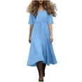 thumbnail image 3 of Asxite Summer Dresses for Women Casual Solid Flowy Round Neck Drawstring Short Sleeve Midi Sundress, 3 of 6