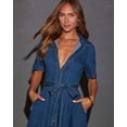 thumbnail image 6 of Women's Blue Short Sleeve Denim Midi Dress, Tie Waist Button Front A Line Dress, 6 of 6