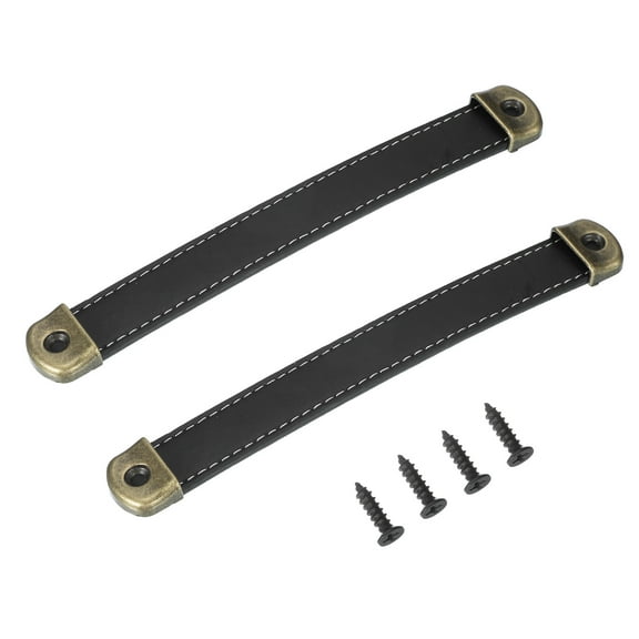 Uxcell 7" Leather Drawer Pulls with Iron Sheet, 2 Pcs Leather Strap Trunk Handle Knobs with 18mm Screws, Black