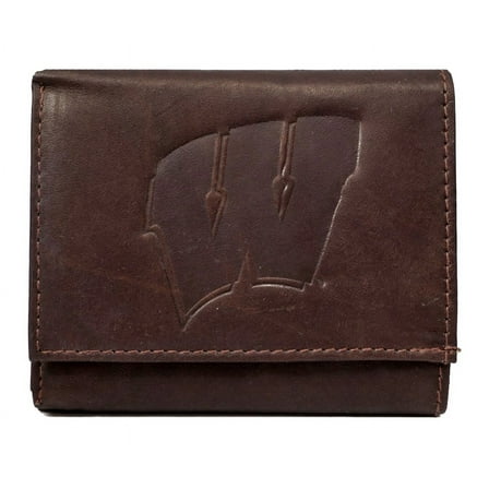 Wisconsin NCAA Badgers - Distressed Look - Embossed Logo Dark Brown Leather Trifold Wallet