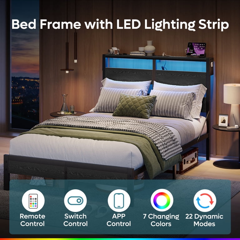 Bestier Full Size Platform Bed with LED Headboard, USB Charging, Black photo 3