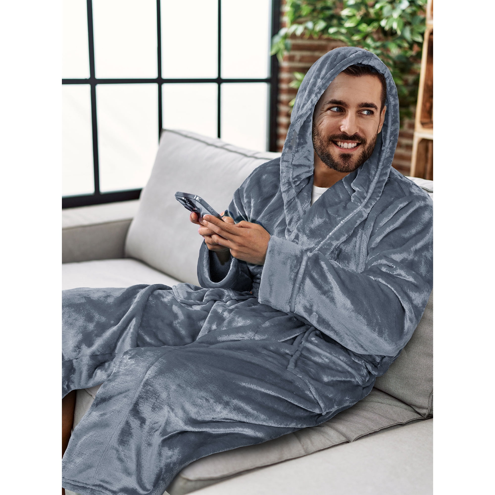 PAVILIA Mens Robe, Hooded Soft Robe for Men, Warm Bathrobe with