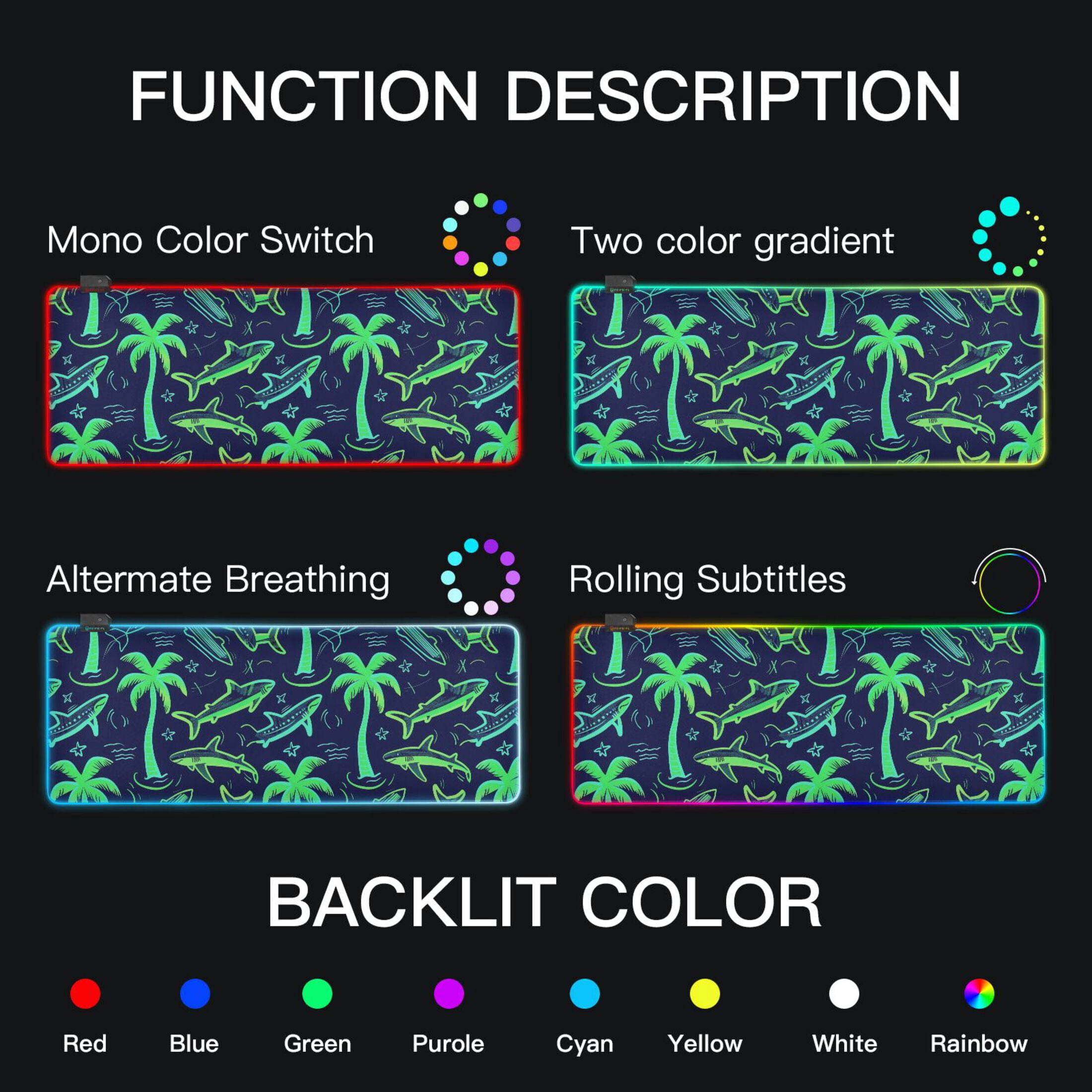 Large RGB Gaming Mouse Pad Led Glowing Mousepad Non-Slip Rubber Base 13 Light Modes 31.5x11.8 Neon Green Shark and Palm Trees