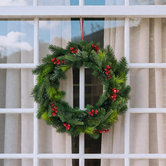 Guvpev 24 Inch Pre-Assembled Christmas Wreath for Front Doors, Christmas Series Seasonal Decorations, Real Touch Artificial Christmas Cedar Wreath for Mantel, Walls, Windows, Holiday Xmas Decor