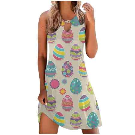 

jsaierl Easter Dresses for Women Bunny Egg Print Casual Dresses Hawaiian Sleeveless Midi Dress Resort Wear Tank Dresses Happy Easter Gift for Women