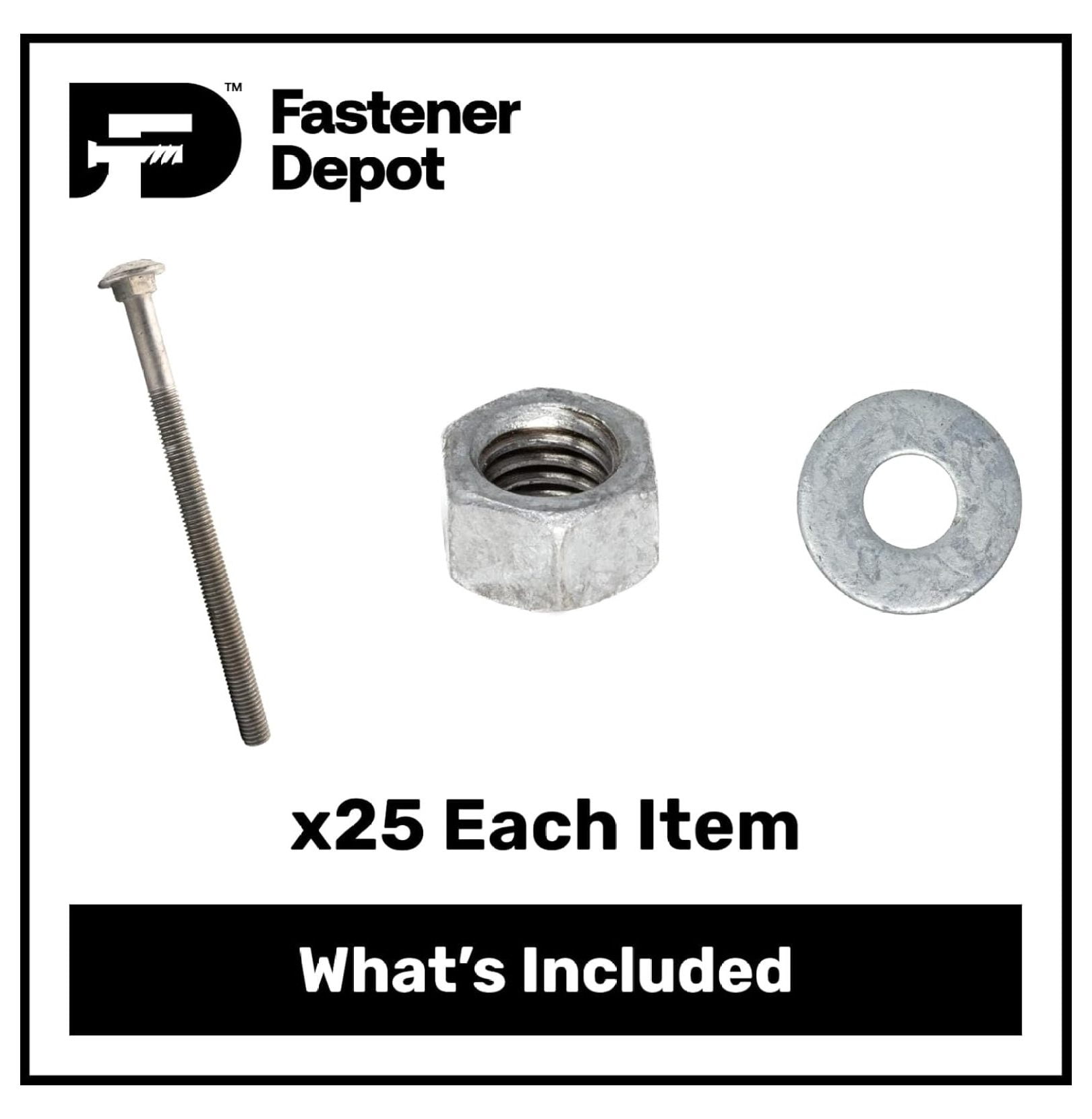 1/2inches-13 x 9inches Hot Dipped Galvanized Carriage Bolt w/Nuts & Flat Washers, Quantity 25 - by ,