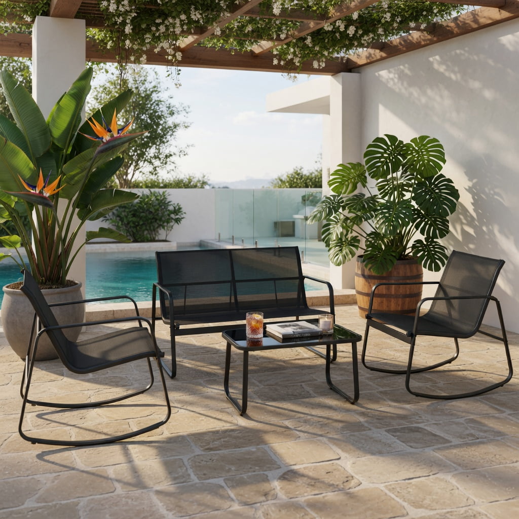 Hommoo 4-Piece Metal Patio Rocking Set with Tempered Glass Coffee Table, Outdoor Rocking Chairs & Loveseat for Backyard, Poolside & Balcony, Black