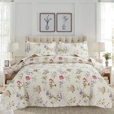 Green Essen 3 Pcs Quilt Sets, Lightweight Microfiber Bedspreads Soft Purple Floral Quilt Reversible Green Leaves Coverlet Set, 1 Quilt & 2 Pillow Shams(Queen Size)