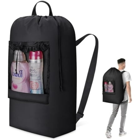 Lifewit 90L Laundry Bag, Extra Large Laundry Backpack with Shoulder Straps and Mesh Pocket for Laundromat, Heavy Duty Laundry Bag Backpack for Dirty Clothes for College Dorm/Travel/Apartment, Black