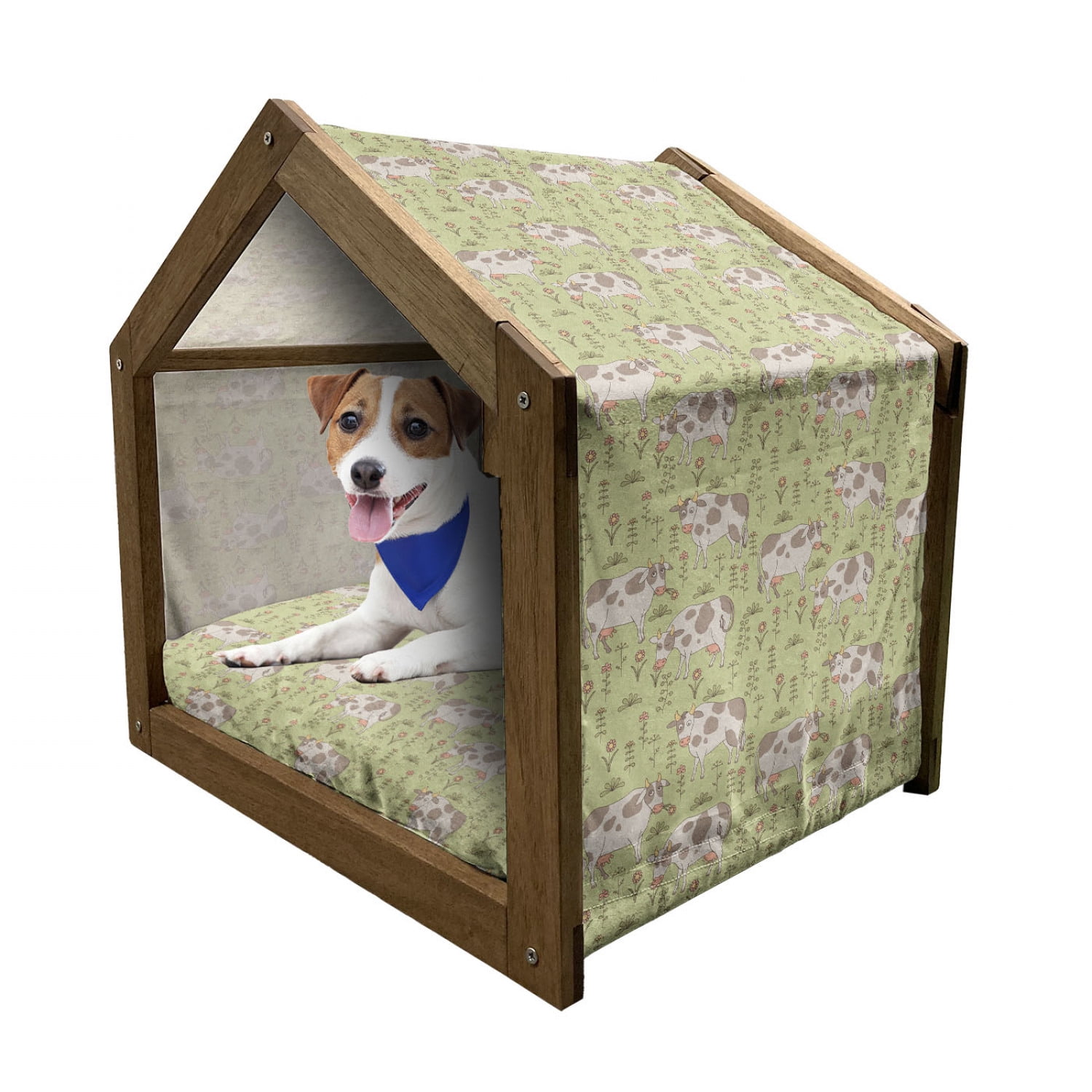 Floral Patterned Wooden Dog House with Canopy and Pillow