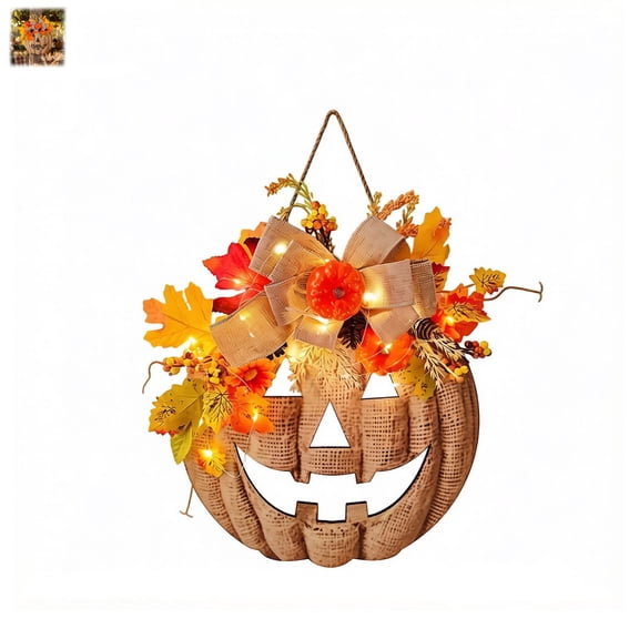 Lighted Burlap Pumpkin Wreath, Halloween Pumpkin Wreath, Warm LED Glow, Farmhouse Fall Decor, Halloween Autumn Theme, Front Porch Door Decor