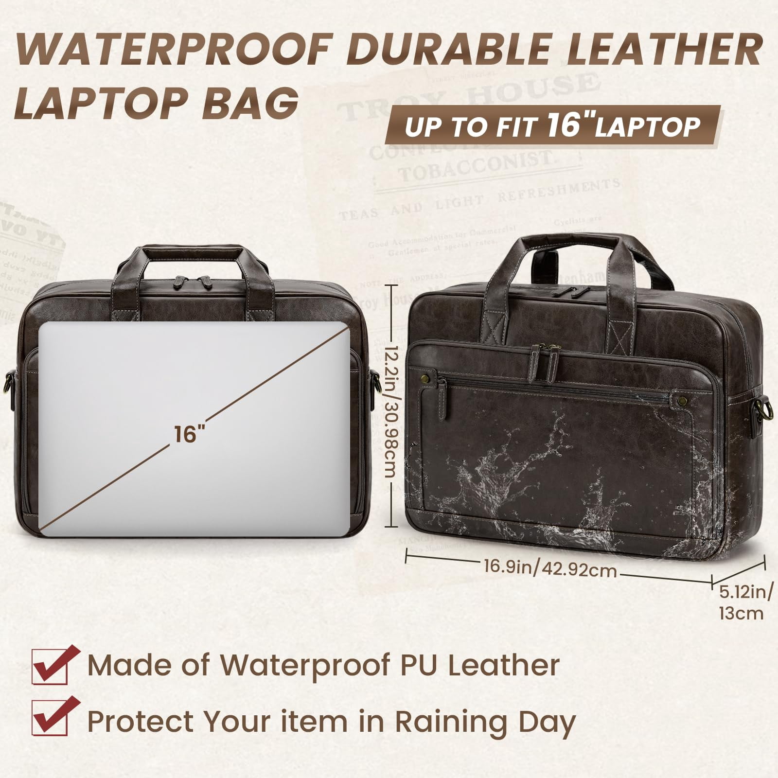 RAINSMORE Mens Laptop Bag 16 Inch Leather Briefcase Vintage Messenger Bag for Men Large Crossbody Shoulder Office Computer Bag Retro College Satchel Bag for Work, Business,Travel,Coffee