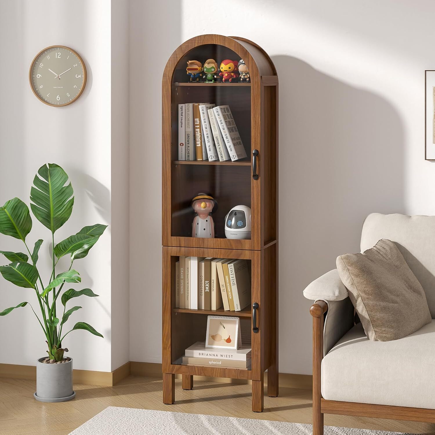 Fsbecl Tall Arched Storage Display Cabinet, Kitchen Pantry Cabinet with Doors, Walnut