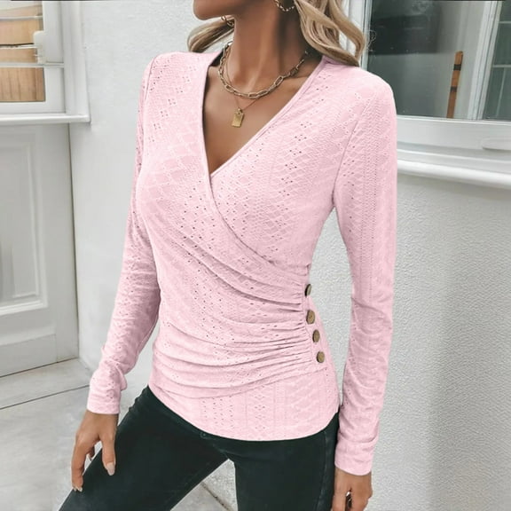 Craaazy Womens Shirts Cross V-Neck Solid Color Knit Top Ruched Slim Blouses Gifts For Women