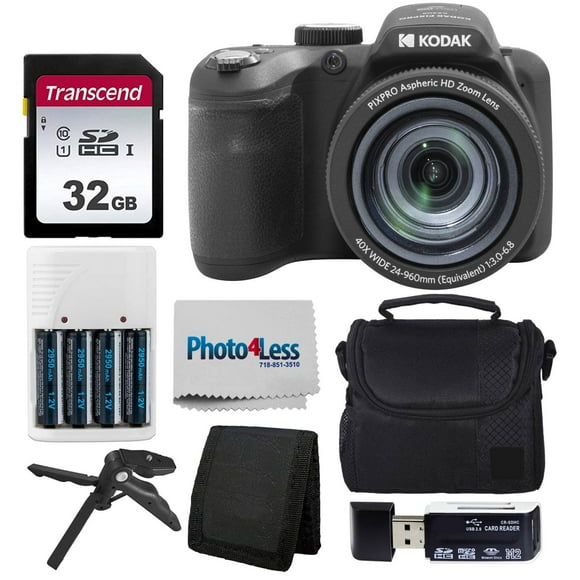 Kodak PIXPRO AZ405 Digital Camera Black Point & Shoot Camera Case 32GB SD Memory Card Rechargeable Batteries & Charger USB Card Reader Table Tripod Accessories