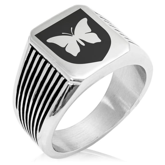 Stainless Steel Butterfly Free Spirit Coat of Arms Shield Needle Stripe Pattern Biker Style Polished Ring