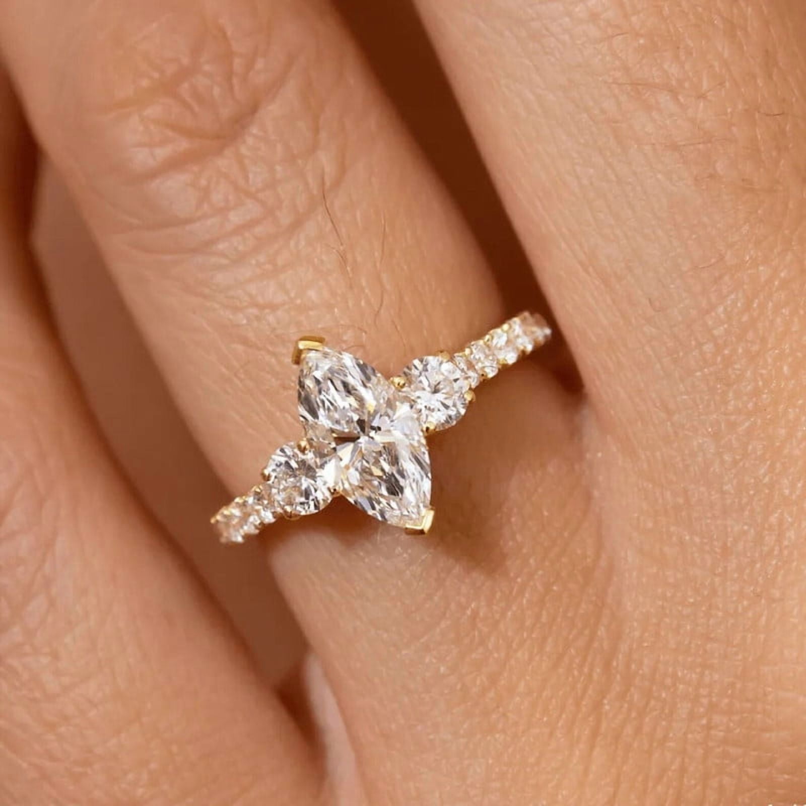 Jewelerix Marquise Cut Moissanite Engagement Ring for Women 14K Yellow Gold Vermeil Ring, Sparkling Bridal Wedding Promise Ring