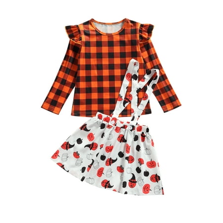 

Licupiee 2Pcs Toddler Baby Girls Halloween Outfits Set Solid Color Fly Sleeve Plaid Tops + Ghost Print Suspender Skirt