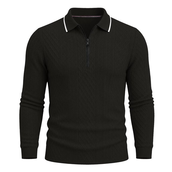 TOUMENY Men Sweater Zip Collared Long Sleeve Basic Slim Tops Fall Winter Solid Casual Knit Pullover Black XXXL