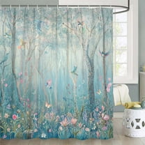 Enchanted Forest Shower Curtain, Vibrant Fairytale Woodland Jungle with Tree Bird Flowers Plant Fabric Christmas Curtains for Bathroom, Bath Drapes Accessories with Hooks,69X70 in