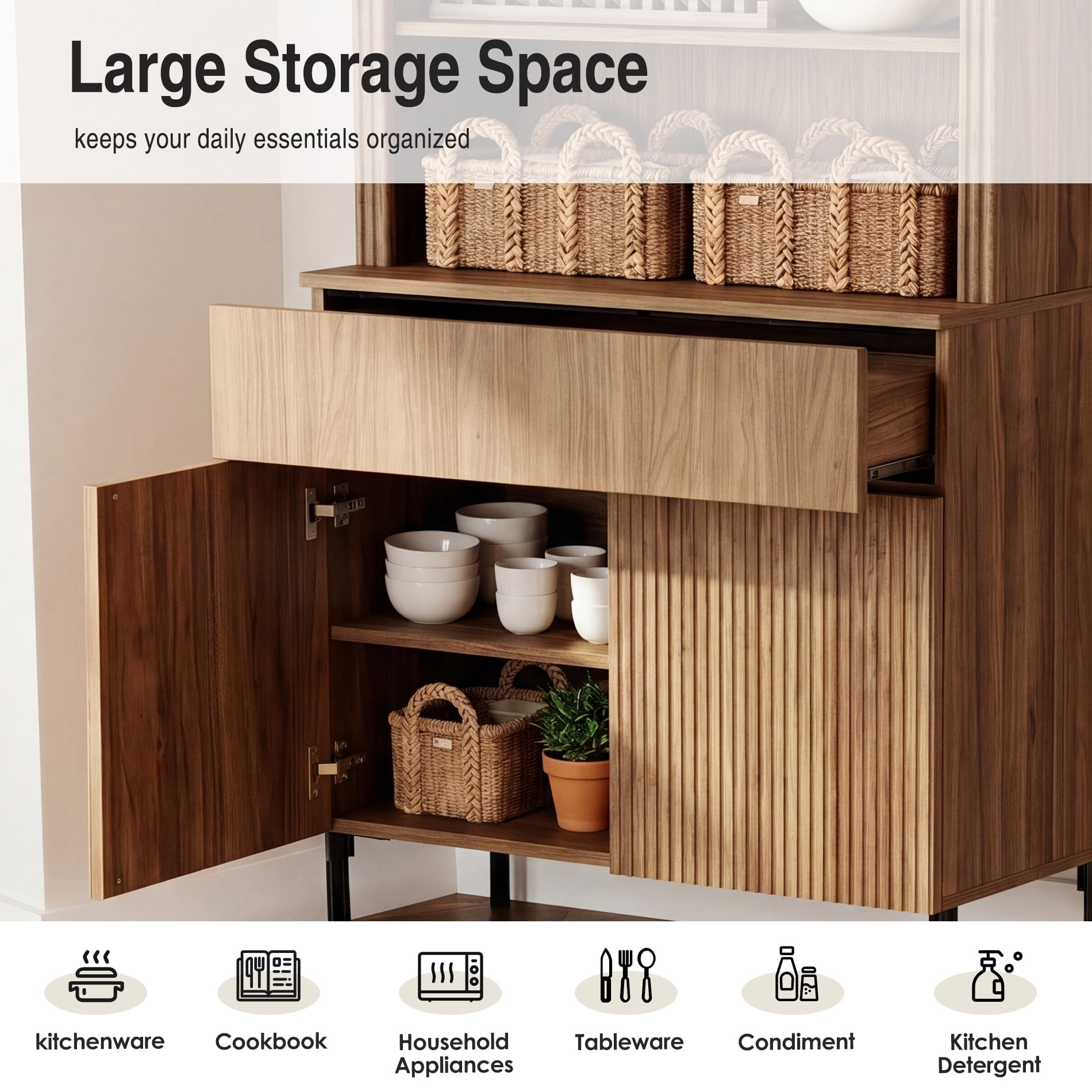 71.6" Tall Modern 5 Tier Bookcase with Storage Cabinet, Wooden Display Cabinet with Fluted Doors and Drawer, Versatile Bookshelf for Living Room, Study, Office