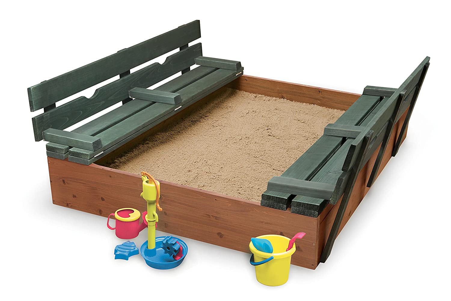Natural/Green Covered Convertible Cedar Sandbox with Two Bench Seats 