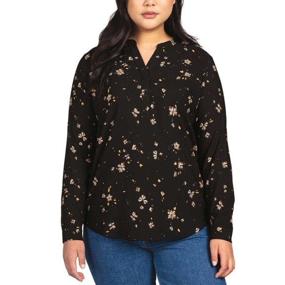Hilary Radley Women's Floral Print Relaxed Fit Long Sleeve Top Blouse-Black / XL