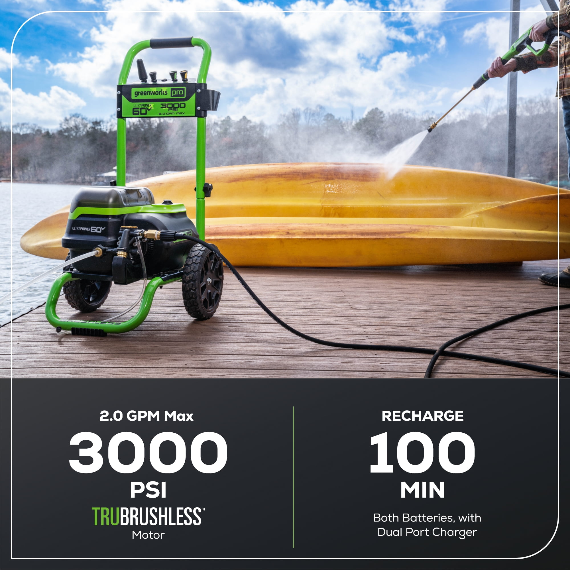 Greenworks 3000 PSI at 2.0 GPM 60 V Battery-Powered Cold Pressure Washer