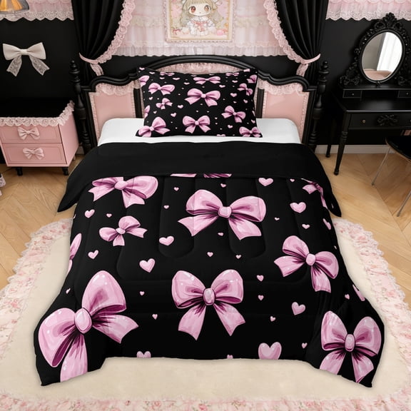 Erosebridal Bow Love Heart Twin Comforter Sets for Girls, Black Pink Bowknot Bedding Set for Women, Black Reversible, 2-Piece