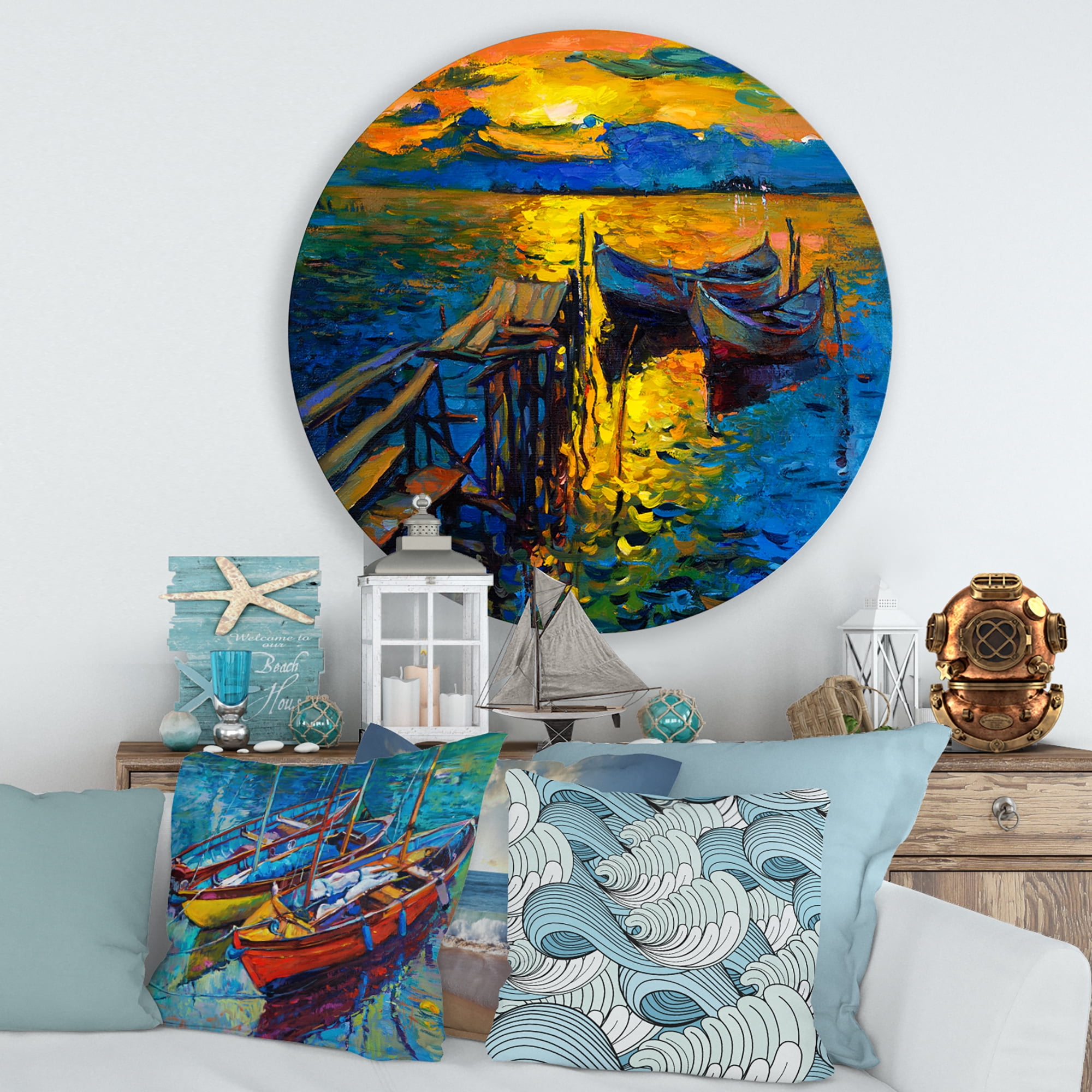 Designart 'Boat At The Lake During Evening Glow II' Nautical & Coastal Circle Metal Wall Art 36x36 - Disc of 36