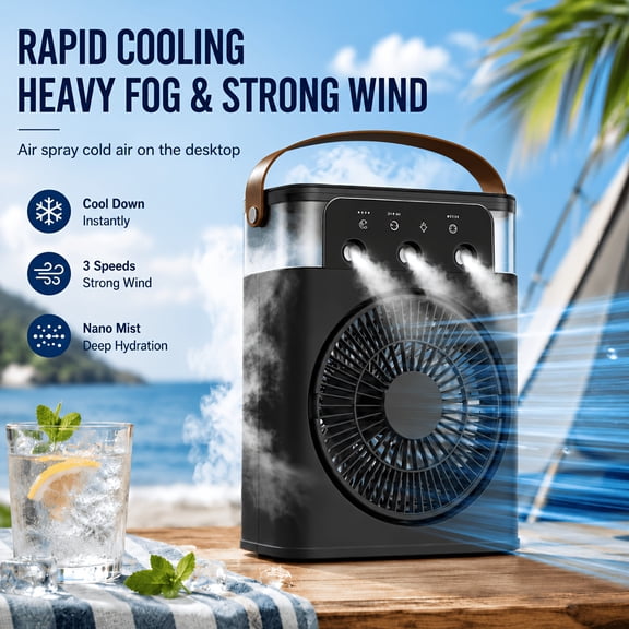 Portable Air Cooler Fan with Mist, 3300mAh Rechargeable Battery, USB-C Mini Air Conditioner, 3 Speed Strong Wind, 3 Spray Modes, 7 Color LED Ambient Light, Personal Cooling Fan