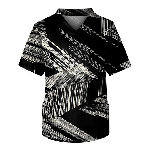 LINMOUA Plus Size Halloween Printed Scrub Working Uniform Tops For Men's Cross V-Neck Short Sleeve Fun T-Shirts Workwear Tee With Pockets