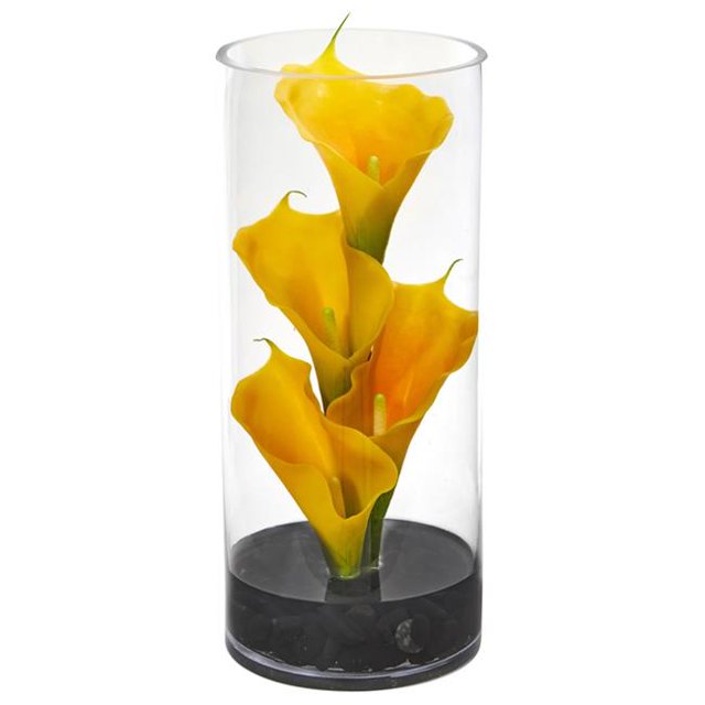 14 in. Calla Lily Artificial Arrangement in Cylinder Glass, Yellow