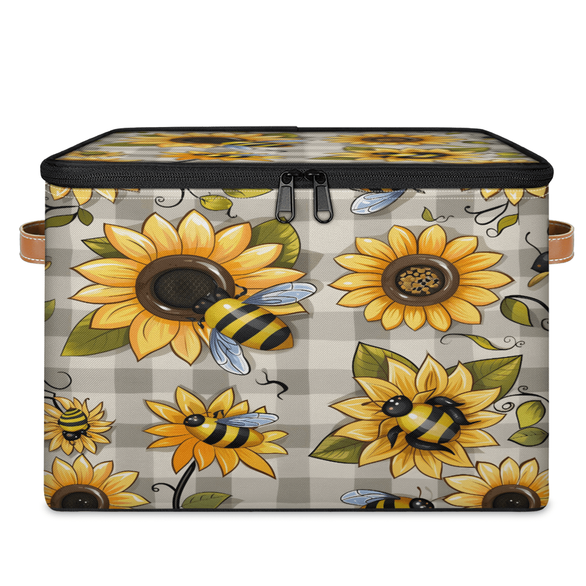 CURLYOOT Bee Fabric Storage Bins with Lids, Bee Floral Foldable Storage Boxes Washable Storage Cube, Closet Bedroom Home Organizer Containers with PU Leather Handles