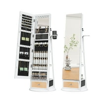 Jewelry Cabinet with Mirror, 6 LED Lights, Rotatable Full Length Mirror with Jewelry Storage Shelf, Standing Jewelry Armoire Organizer, Foldable Makeup Shelf