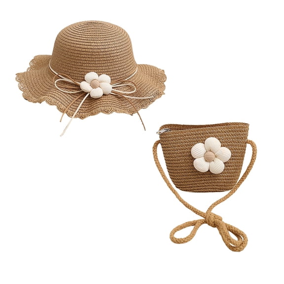 Zanarzt Farmer Hat for Kids Little Kids Girls Summer Straw Sun Hat Wide Brim Bowknot Floppy Beach Sun Hat and Straw Bag Khaki,One Size