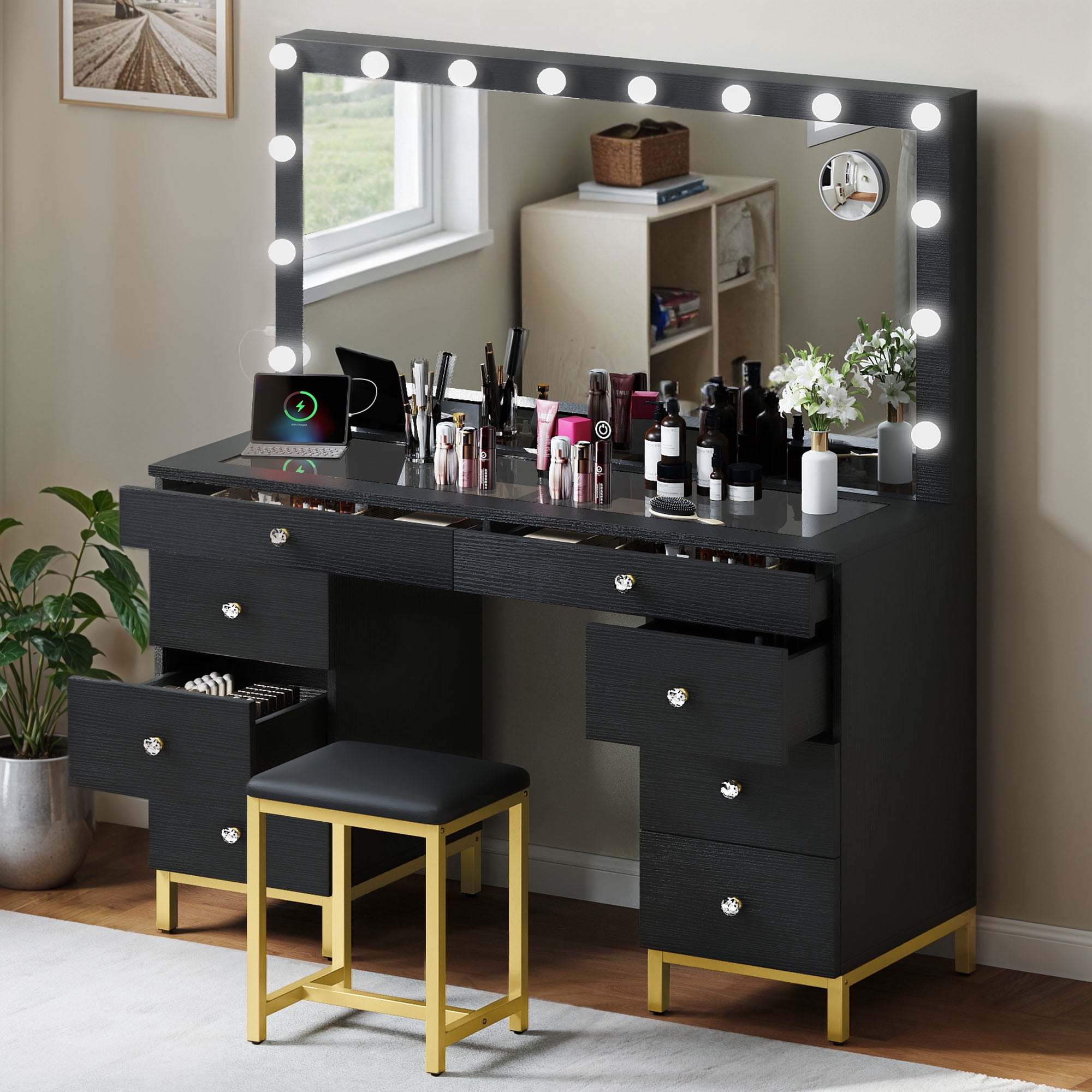 Uforic Makeup Vanity Desk with Glass Top, Lights (14 LED Bulbs), Charging Station,Makeup Dressing Table Set with Stool & 8 Drawers - Black