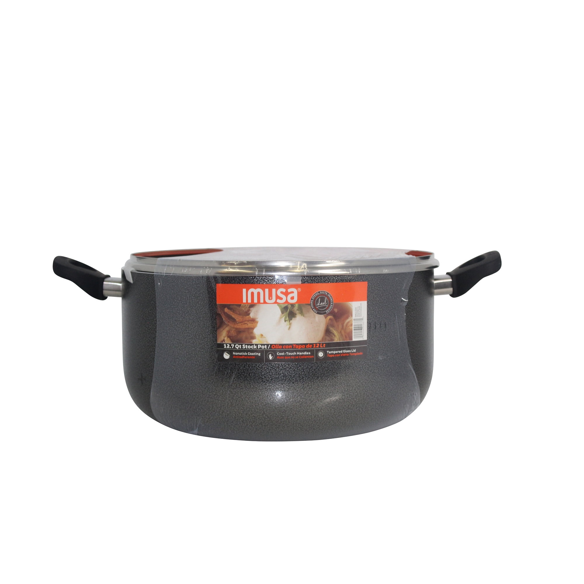 (2 pack) IMUSA 12.7qt Charcoal Aluminum Nonstick Stock Pot with Glass Lid & Soft touch Handles, Black