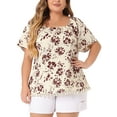 thumbnail image 1 of Blusas Boho de Talla Grande para Mujeres Agnes Orinda con Cuello Cuadrado Floral, Mangas Cortas, Flecos en el Dobladillo, Tops Casuales de Verano 3X Beige, 1 of 6