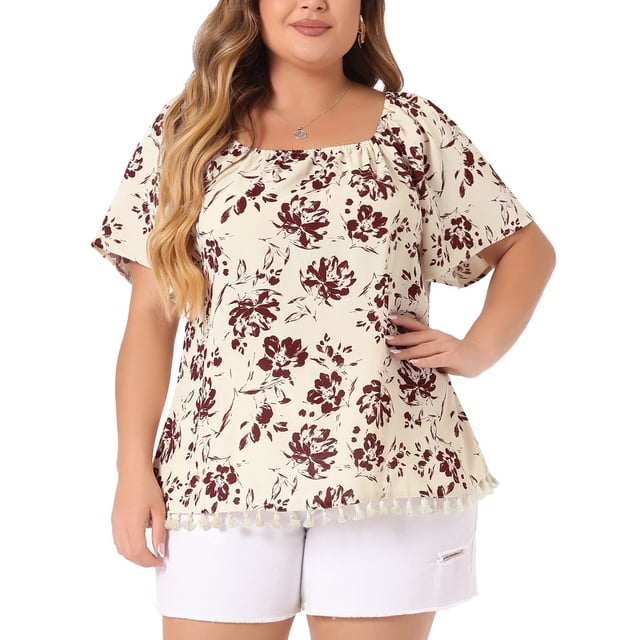 Blusas Boho de Talla Grande para Mujeres Agnes Orinda con Cuello Cuadrado Floral, Mangas Cortas, Flecos en el Dobladillo, Tops Casuales de Verano 3X Beige