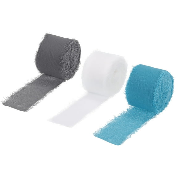 Chiffon Ribbon 1.5" x 10 Yard, Handmade Fringe Ribbon, Blue/White/Grey Silk Ribbon