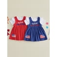 thumbnail image 3 of Cenuakty Toddler Newborn 3M 6M 12M 18M Girls 4th of July Outfit Ruffled Short Sleeves Rompers and Letter Flag Embroidery Overalls Dress Set Cute Clothes, 3 of 9