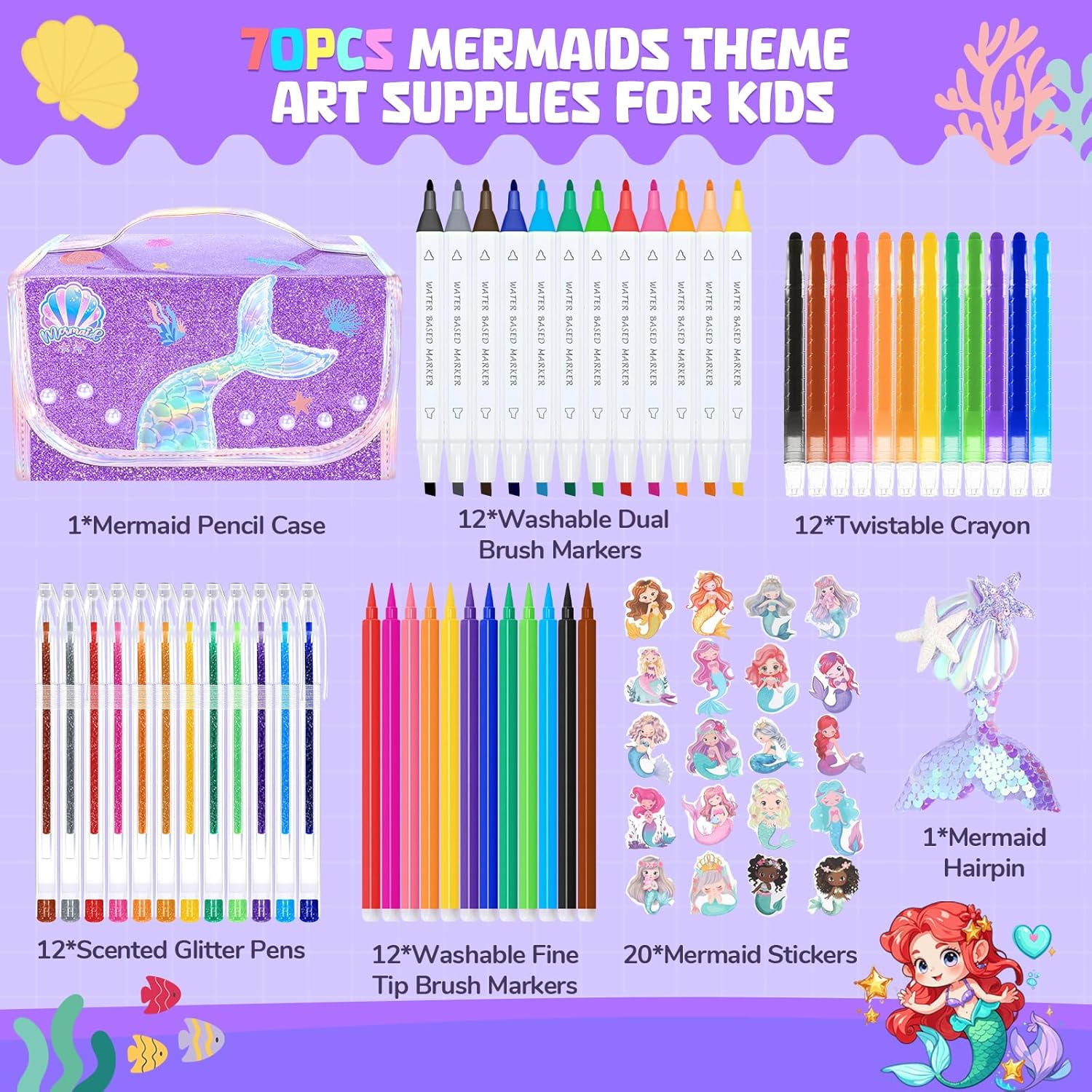 70PCS Mermaid Washable Markers Set with Glitter,Art Supplies for Kids Ages 4-6-8,Drawing Coloring Art Craft Kits for Girls with Marker,Glitter Pens,Crayon,Birthday Gifts Toys for Girls