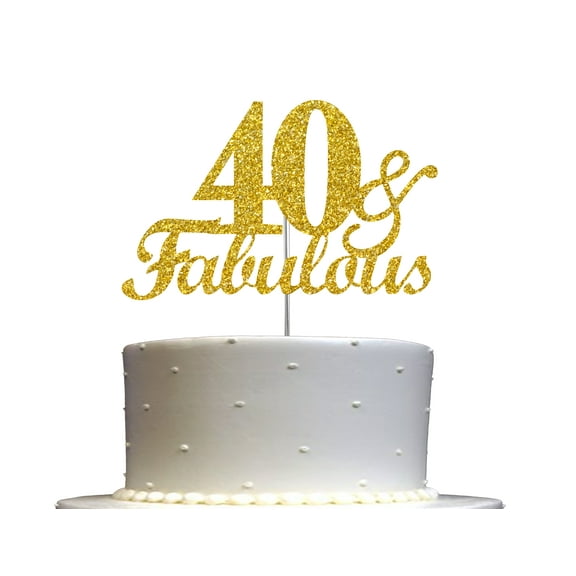 Fabulous & 40 Cake Topper Gold Glitter, 40th Birthday Party Decoration Ideas, Sturdy Doubled Sided Glitter, Acrylic Stick. Made in USA